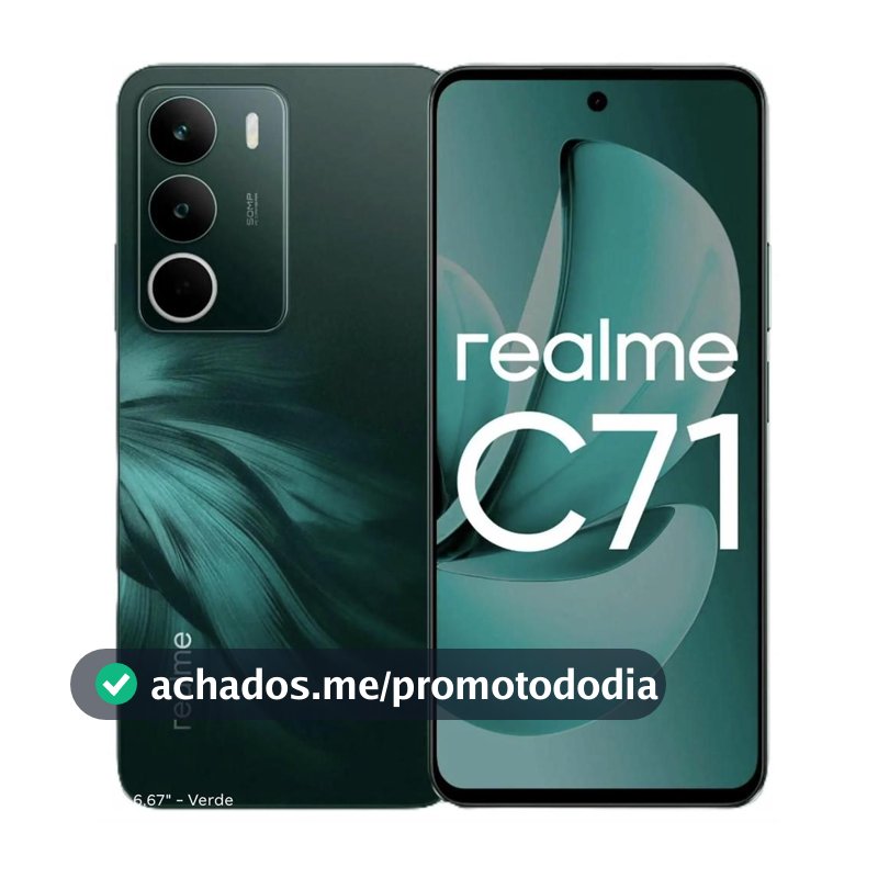 Smartphone Realme C71, 128GB, 4GB RAM, Tela 6,6 120Hz, Câmera 50MP, Bateria 6300mAh, Android 15, NFC, Dual SIM, Verde