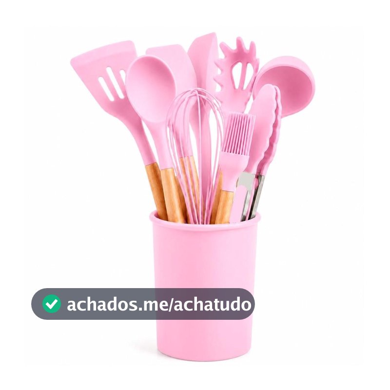 Kit Utensílios Cozinha Silicone 12 Peças Antiaderente com Suporte e Cabo de Madeira