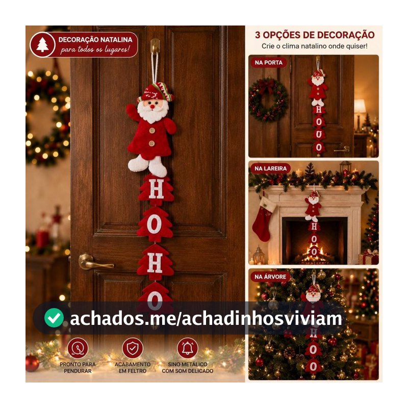 Guirlanda Papai Noel Ho Ho Ho Enfeite de Porta Decoração Natalina Pendente com Sino Dourado Natal