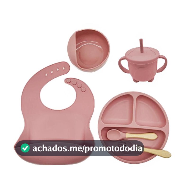 Kit Refeição Bebê Silicone Colher Pratinho Babador Infantil Ventosa 6 Peças