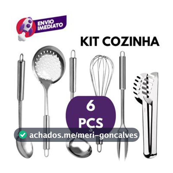 Kit 06 Utensílio Cozinha Inox Concha Colher Arroz Garfo Trinchante Escumadeira Pegador Batedor - SQ - Conjunto de Utensílios