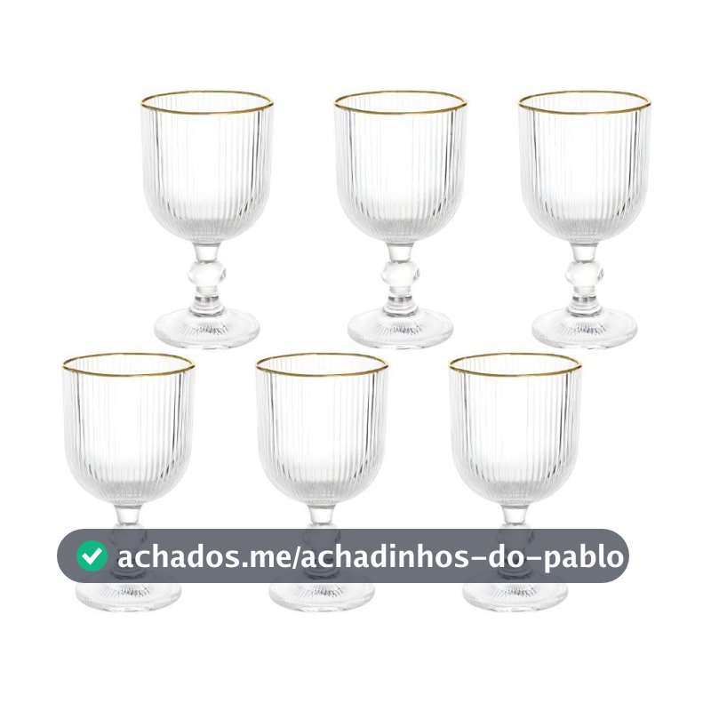 Jogo 6 Taças Versalhes Gold Vidro Canelado Borda Dourada 260ml