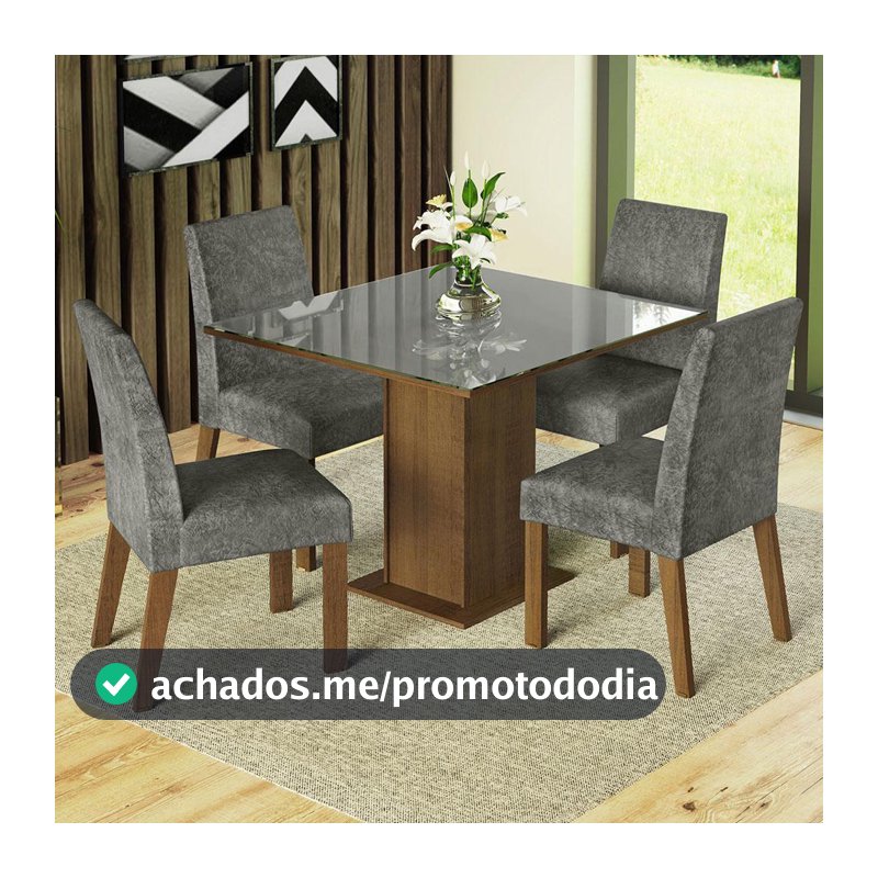 Conjunto Sala de Jantar Mesa Tampo de Vidro 4 Cadeiras Anne Madesa