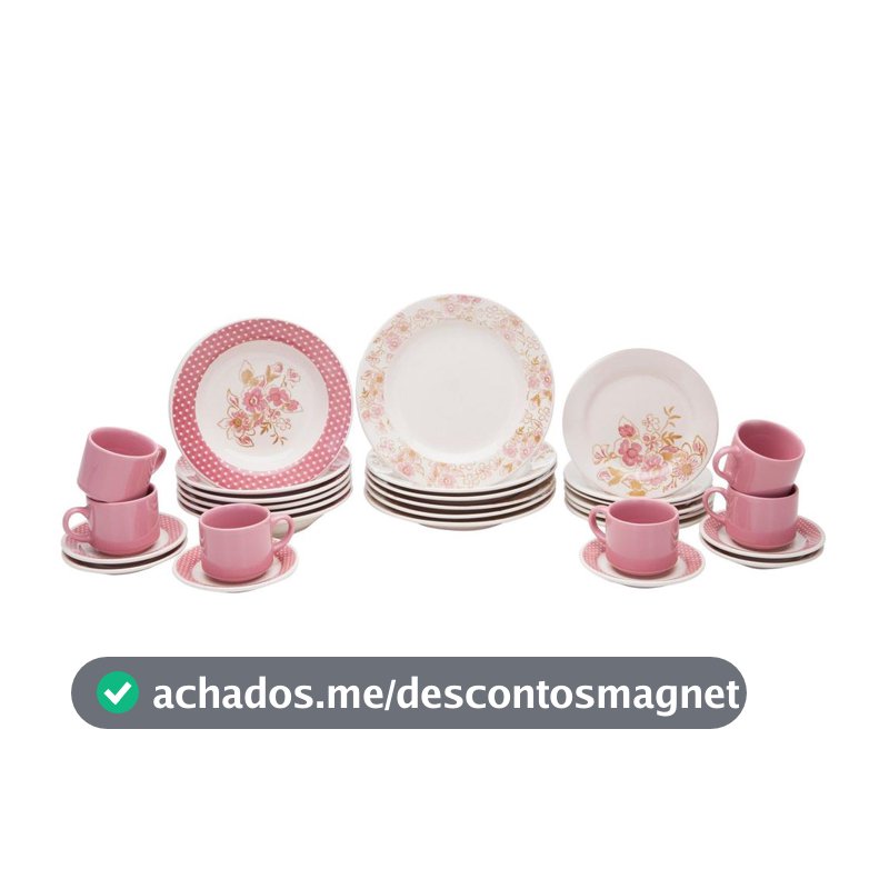 Aparelho de Jantar Chá 30 Peças Biona Cerâmica Redondo Rosa Donna AE30-5160 Oxford
