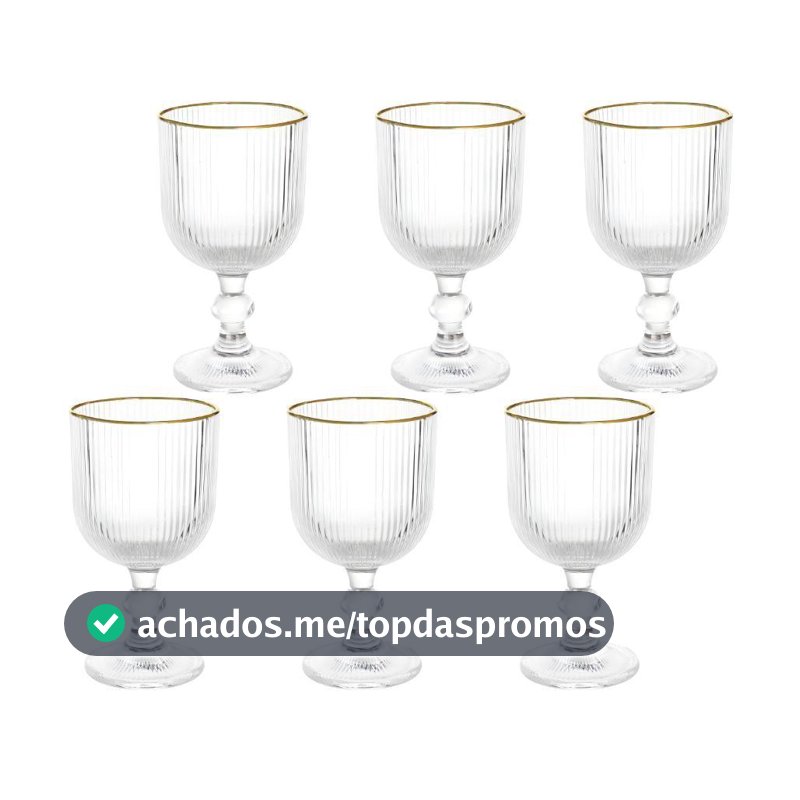 Jogo 6 Taças Versalhes Gold Vidro Canelado Borda Dourada 260ml