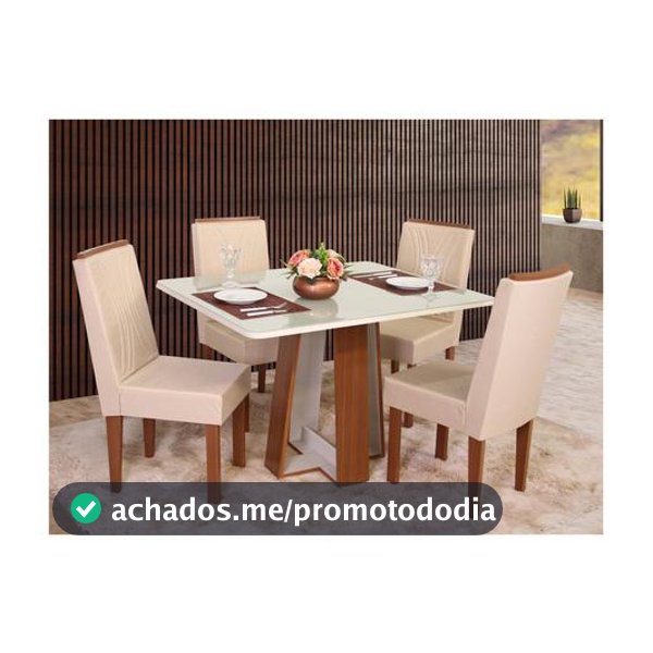 Mesa de Jantar 4 Cadeiras Retangular Naturalle e Off-White Tampo de Vidro Laís Móveis São Carlos