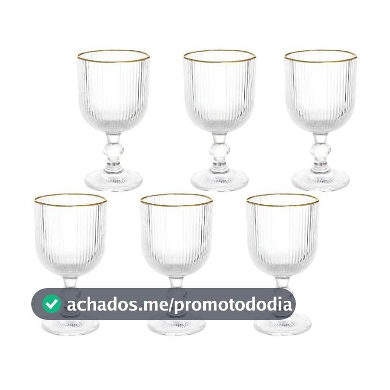 Jogo 6 Taças Versalhes Gold Vidro Canelado Borda Dourada 260ml