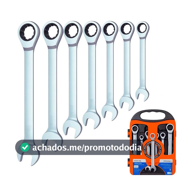 Jogo de Chaves Combinadas com Catraca 7 Peças 819 mm em Aço Cromo Com Estojo