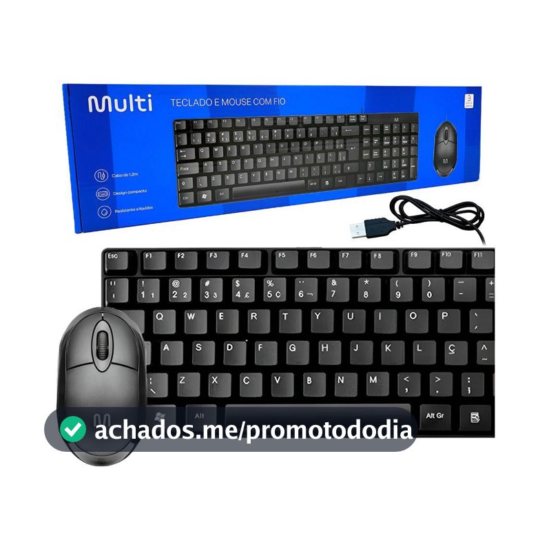 Kit Teclado E Mouse Usb Com Fio Basico Preto Multilaser Slim