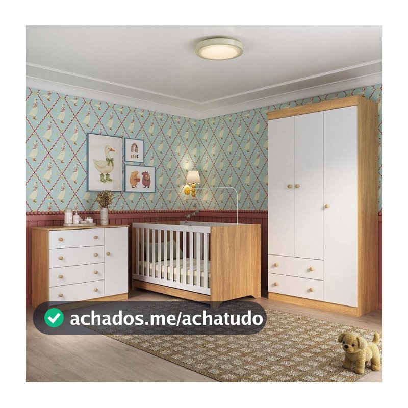 Quarto de Bebê Completo com Berço Americano 3 em 1 para Colchão 130x70cm Encanto Multimóveis MP4589