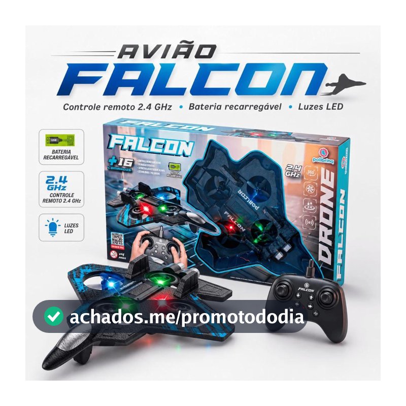 Avião Drone Controle Remoto Infantil Caça Jato 2.4GHz Sensor de Obstáculos Giro 360 Luz LED
