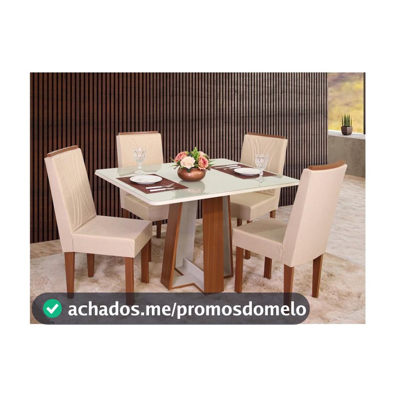 Mesa de Jantar 4 Cadeiras Retangular Naturalle e Off-White Tampo de Vidro Laís Móveis São Carlos