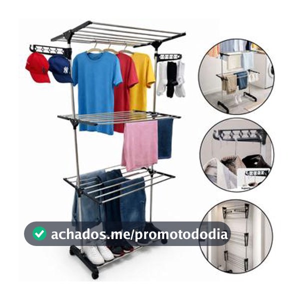 Varal De Chão 3 Andares Grande de Roupas Dobrável Regulável Retrátil com Rodinhas e Ganchos Compacto