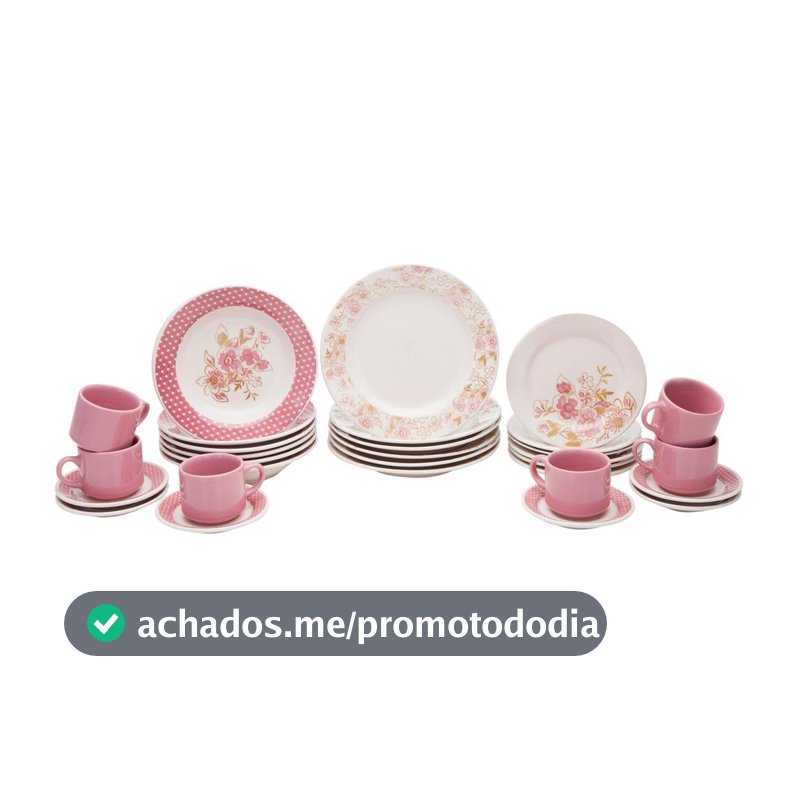 Aparelho de Jantar Chá 30 Peças Biona Cerâmica Redondo Rosa Donna AE30-5160 Oxford