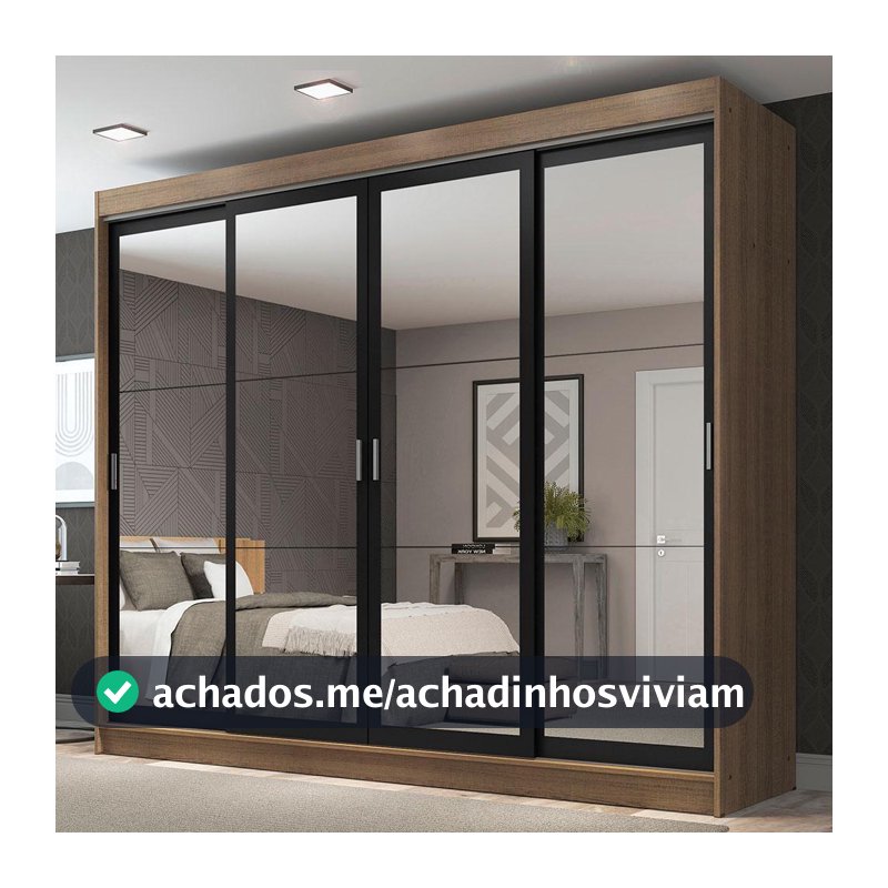 Guarda-Roupa Casal Madesa Austin 4 Portas de Correr de Espelho 3 Gavetas