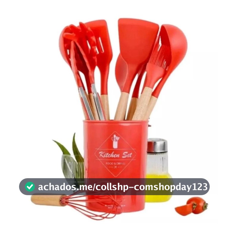 Jogo Kit Com 12 Peças Utensílios De Cozinha Colheres Espatulas Pegador Silicone Copo Suporte