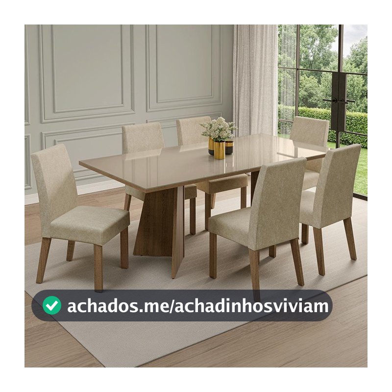 Conjunto Mesa de Jantar Tampo de Vidro 6 Cadeiras Rustic/Preto/Oxford Adele Madesa