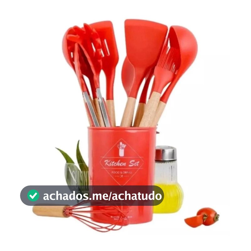 Jogo Kit Com 12 Peças Utensílios De Cozinha Colheres Espatulas Pegador Silicone Copo Suporte
