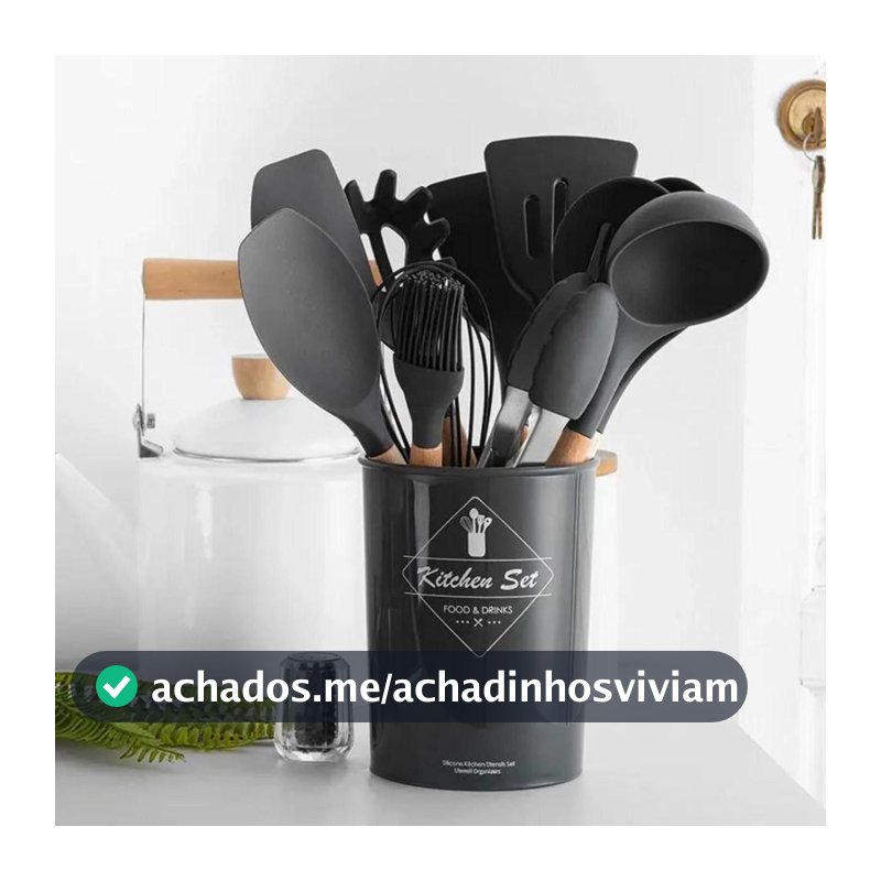 Jogo Kit Com 12 Peças Utensílios De Cozinha Colheres Espatulas Pegador Silicone Copo Suporte
