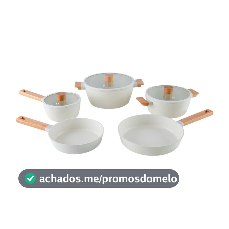 Jogo de Panelas Brinox Revestimento Cerâmico Creme 5 Peças Cabo Amadeirado Ceramic Life Nordic