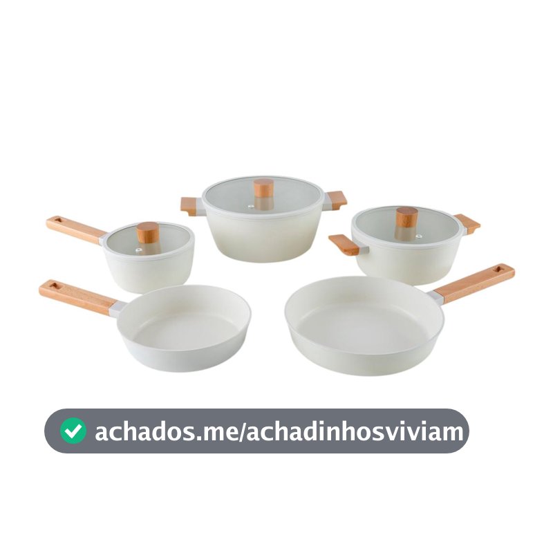 Jogo de Panelas Brinox Revestimento Cerâmico Creme 5 Peças Cabo Amadeirado Ceramic Life Nordic