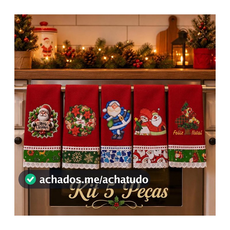 Pano de Prato NATAL VERMELHO Bordado Patchwork Revenda Kit 5 unidades