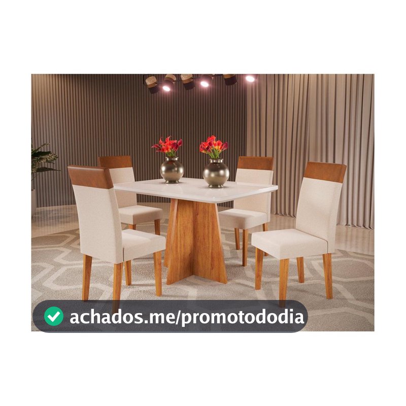 Mesa de Jantar 4 Cadeiras Retangular Tampo de MDF com Vidro Mel e Off White Viena