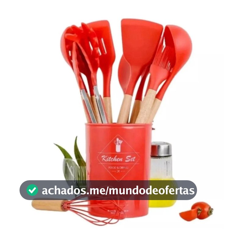 Jogo Kit Com 12 Peças Utensílios De Cozinha Colheres Espatulas Pegador Silicone Copo Suporte