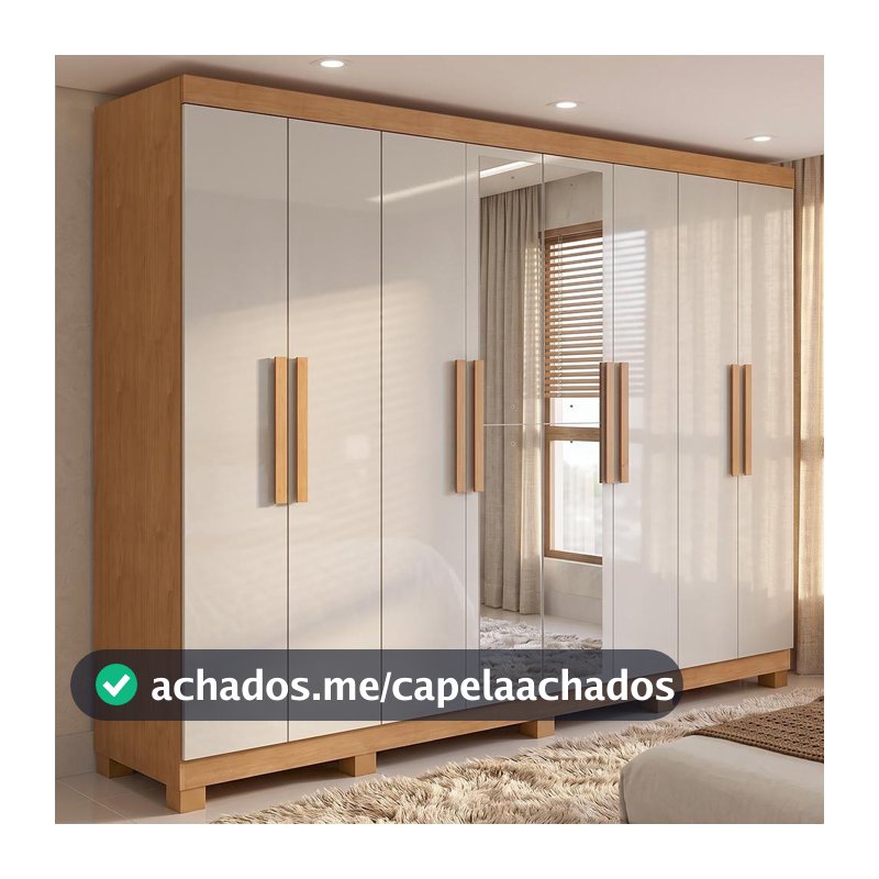 Guarda-roupa Casal Easy Slim 8 Portas Com Espelho e Pés Amendoa Clean/Off White - Móveis Lopas - Guarda-Roupa / Roupeiro - Magazine Axadinhos99