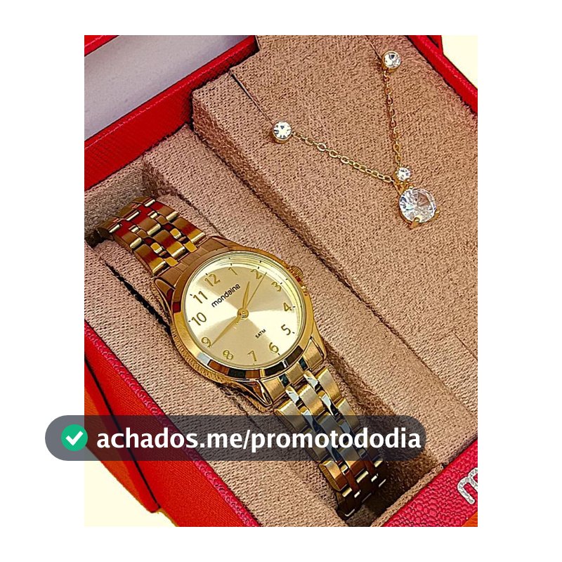 Relógio Mondaine Feminino Original Dourado À Prova DÁgua com NF + Kit Colar 608D 99913LPMKDE1K1