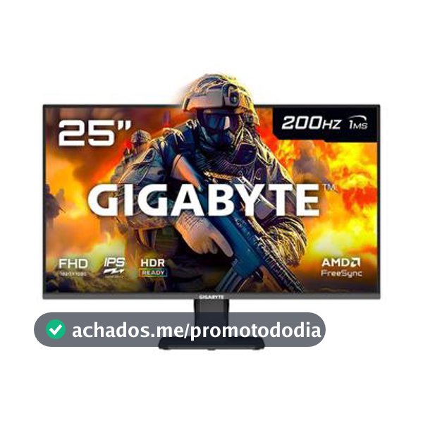 Monitor Gamer Gigabyte 25", FHD, 200Hz, 1ms, IPS, VRR, FreeSync Premium, HDR 10, Alto-falante Embutido - GS25F2-SA