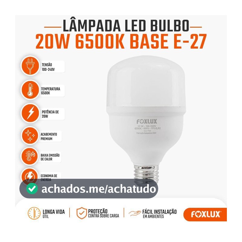 Lâmpada Led Alta Potência 20W Foxlux 6500K Branca Fria E27