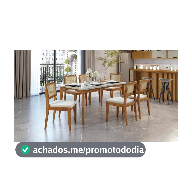 Mesa de Jantar 6 Cadeiras Retangular Madeira Maciça com vidro Nesher Monalisa