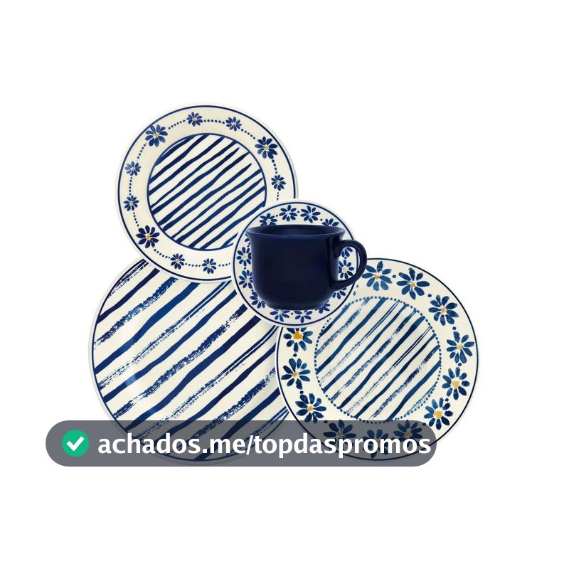 Aparelho de Jantar e Chá 20 Peças Biona Redondo de Cerâmica Azul Donna 24 Margaridas