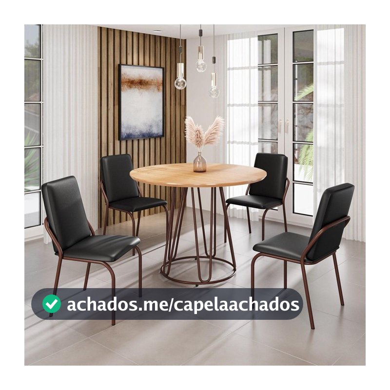 Conjunto Sala de Jantar Mesa Redonda 100cm Base Omega Tampo MDF Malibu Marrom/Preto