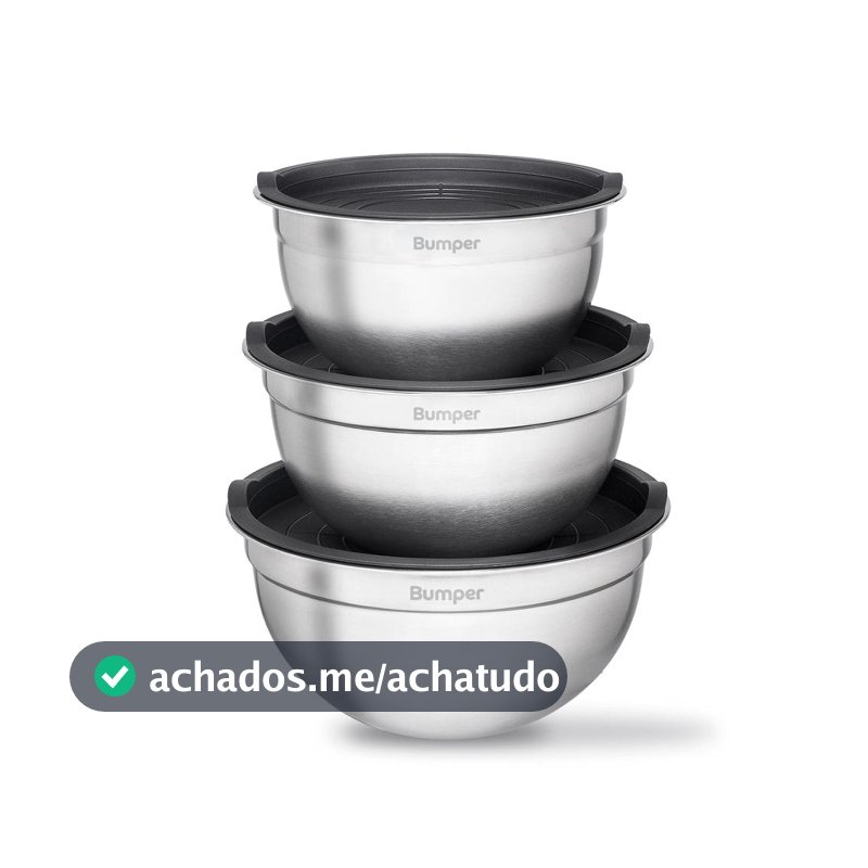 Conjunto de 3 Bowls Bumper em Inox com Tampa Hermética  Kit Tigelas Multiuso Cozinha