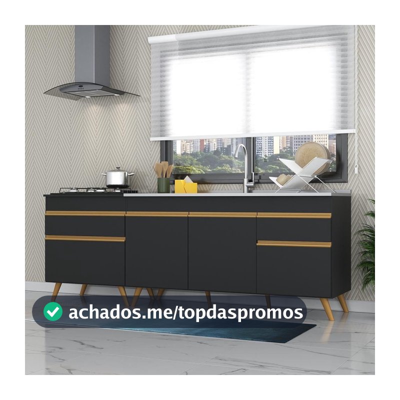 Kit 2 Balcões Gabinete Pia 150 cm e Cooktop 70 cm Veneza GB Multimóveis MP2073 Preto