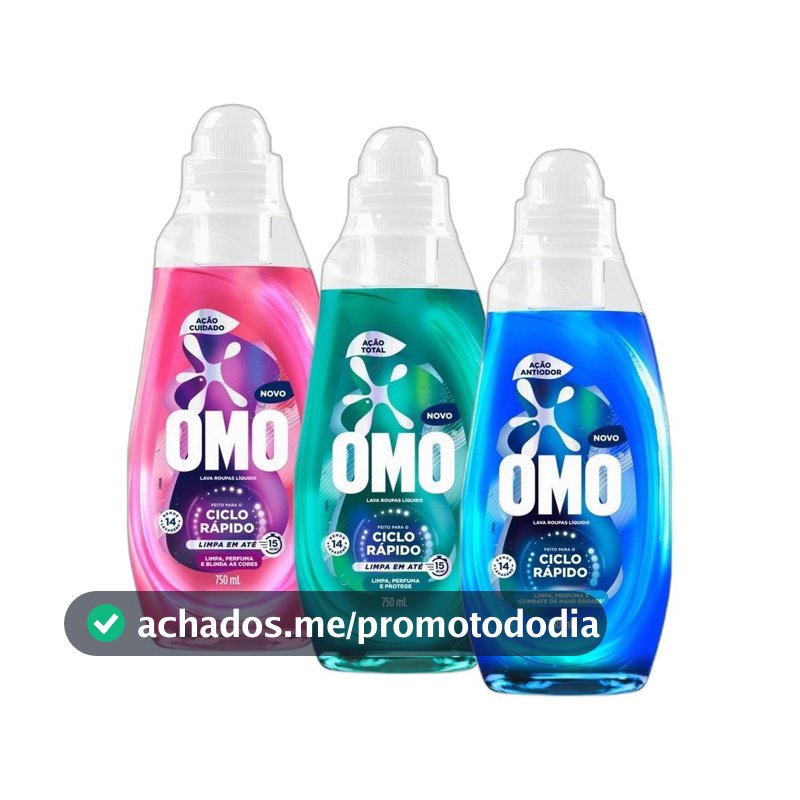 Kit Lava-Roupas Líquido Omo Ciclo Rápido Ação Cuidado + Ação Total + Antiodor 750ml cada - Sabão