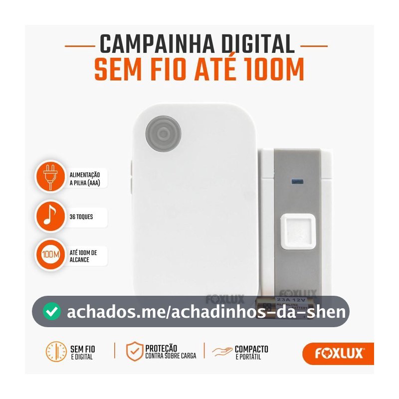 Campainha Sem Fio Foxlux FX CAD 6 36 Toques Alcance 100m IP44 com Volume Ajustável